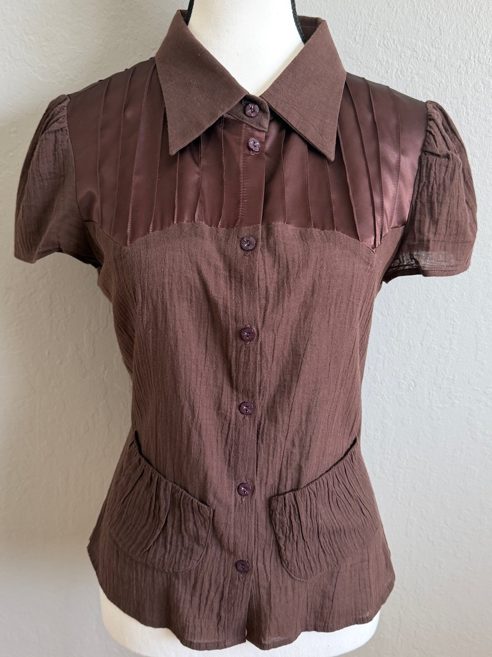 House of Spy Brown Satin/Cotton button up Whimsigoth Dark Academia SZ M